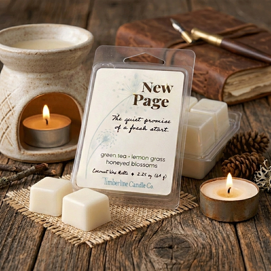 New Page coconut wax melts in clear packaging resting on a burlap square over a rustic wood surface, alongside a ceramic wax warmer, pinecones, and a vintage leather journal with a fountain pen.