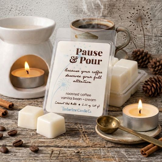 Pause & Pour coconut wax melts in clear packaging resting on a rustic wood surface, alongside a white ceramic wax warmer, a steaming cup of coffee, roasted beans, and cinnamon sticks.
