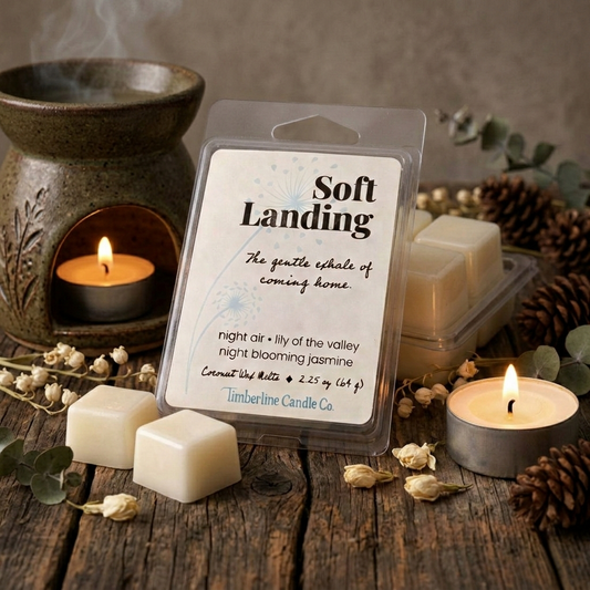 Soft Landing coconut wax melts in clear packaging resting on a dark wood surface, alongside a speckled ceramic wax warmer, lily of the valley sprigs, dried jasmine buds, pinecones, and silver dollar eucalyptus.