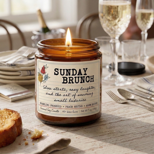 Sunday Brunch coconut soy candle burning in amber jar on brunch table with prosecco glasses and brioche