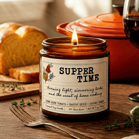 Pause & Pour coconut soy candle burning in amber jar on a rustic dinner table, surrounded by freshly sliced bread, a red dutch oven, a glass of red wine, and sprigs of thyme.