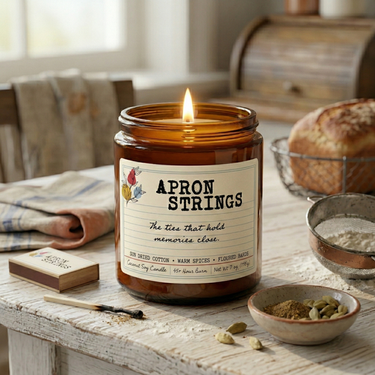 Apron Strings coconut soy candle burning in amber jar on rustic kitchen table with baking spices and fresh bread.
