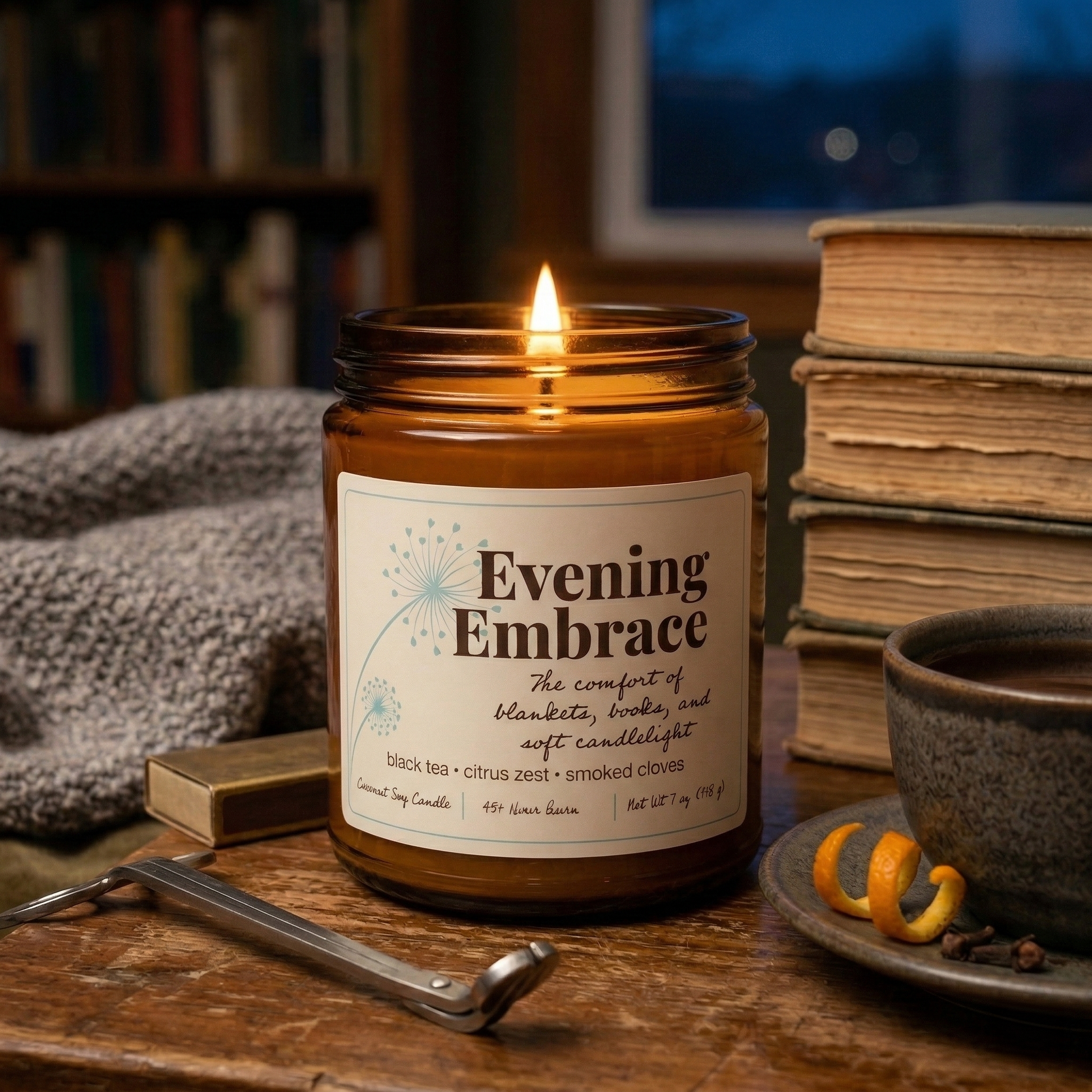 Evening Embrace coconut soy candle burning in an amber jar on a rustic wooden table, surrounded by vintage books, a knitted blanket, a matchbox, wick trimmers, and a cup of tea with orange zest