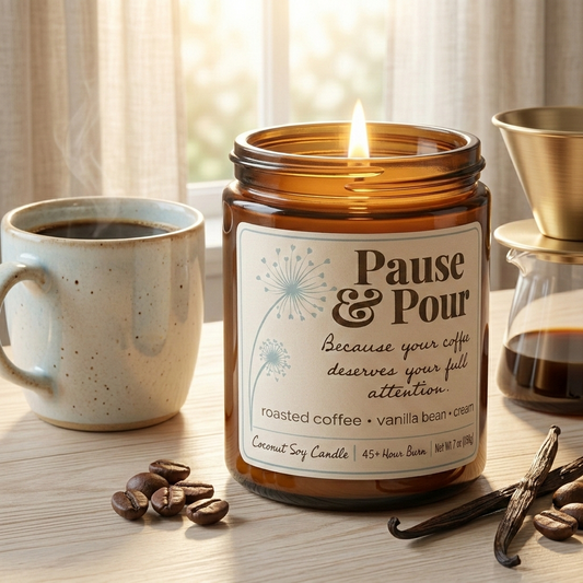 Pause & Pour coconut soy candle burning in amber jar on a wooden table, surrounded by a steaming coffee mug, roasted beans, and vanilla pods in soft morning light.