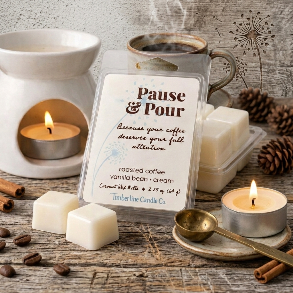 Pause & Pour coconut wax melts in clear packaging resting on a rustic wood surface, alongside a white ceramic wax warmer, a steaming cup of coffee, roasted beans, and cinnamon sticks.